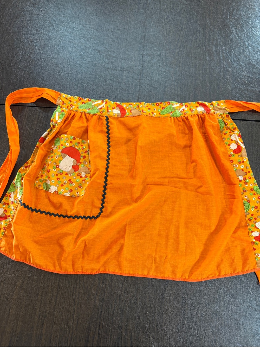 Vintage Orange Half Apron with Mushroom Patch